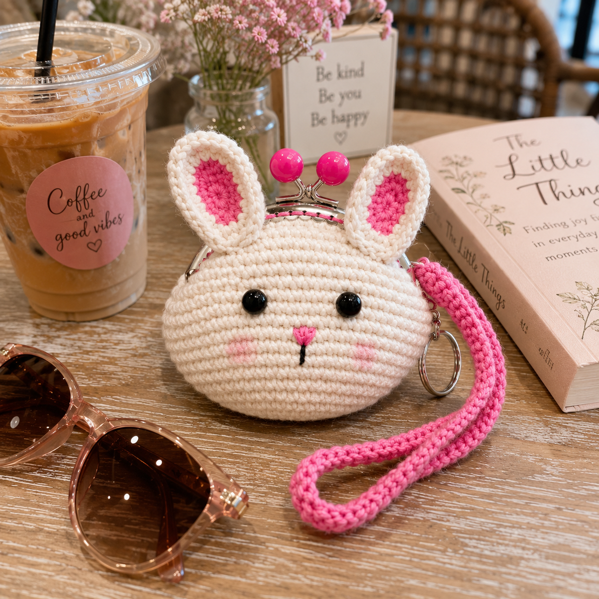 Cream crochet bunny coin purse in a cozy cafe setting
