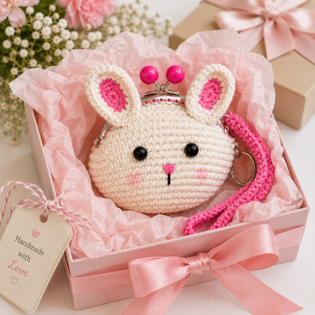 Cream crochet bunny coin purse gift presentation