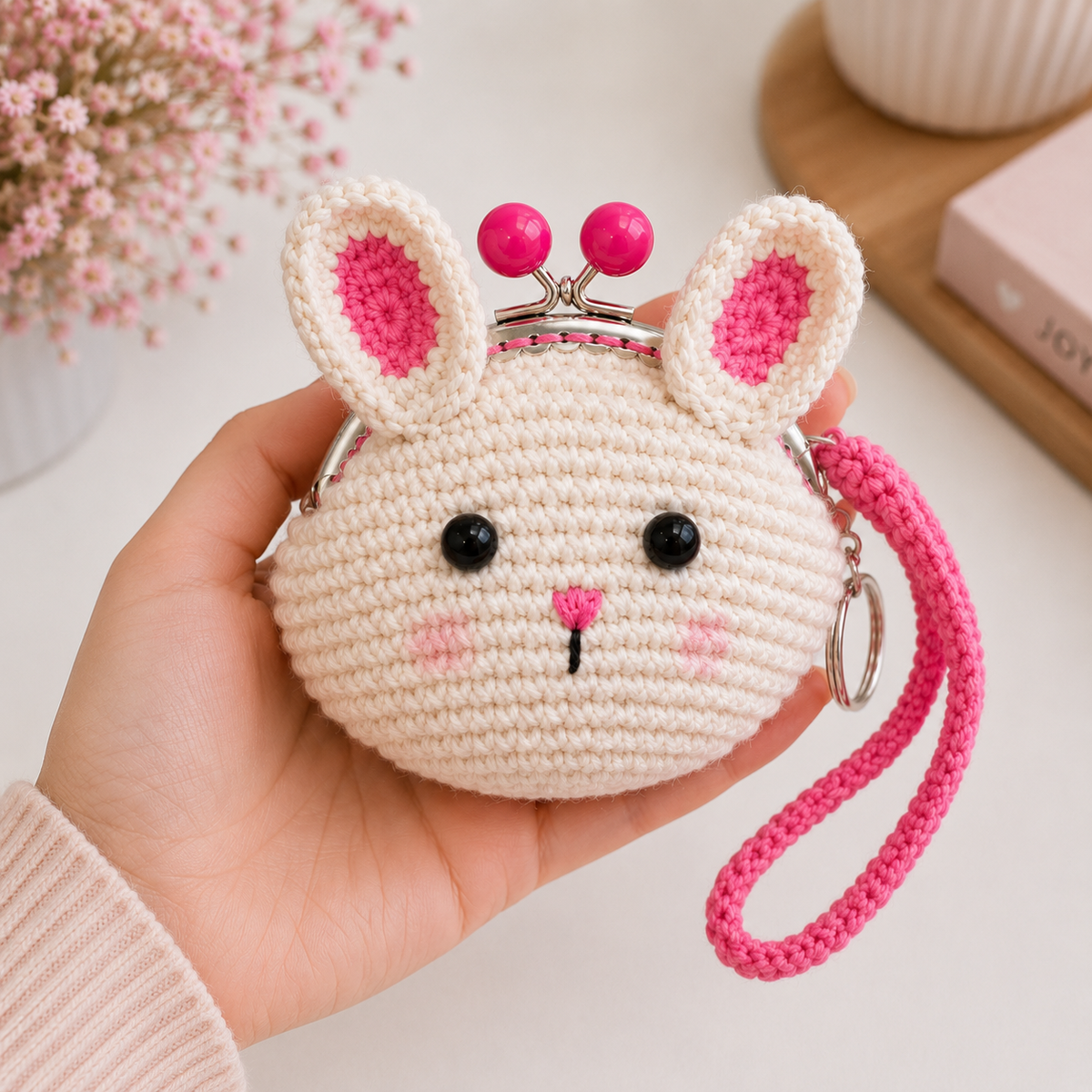 Cream crochet bunny coin purse held in hand for scale