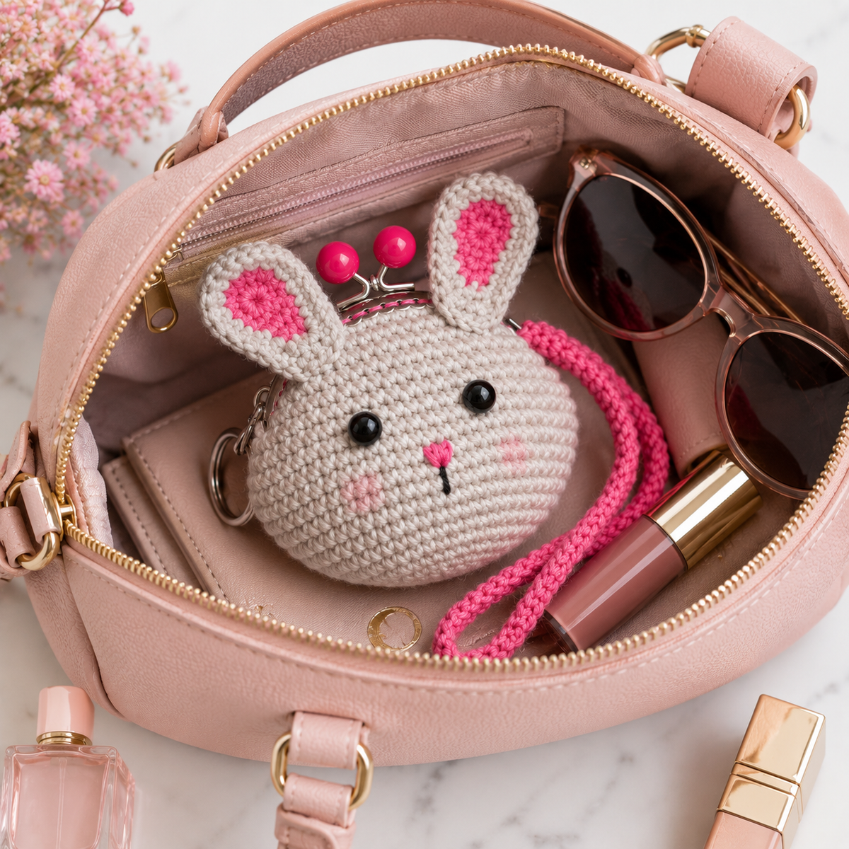 Cream crochet bunny coin purse inside a pink handbag