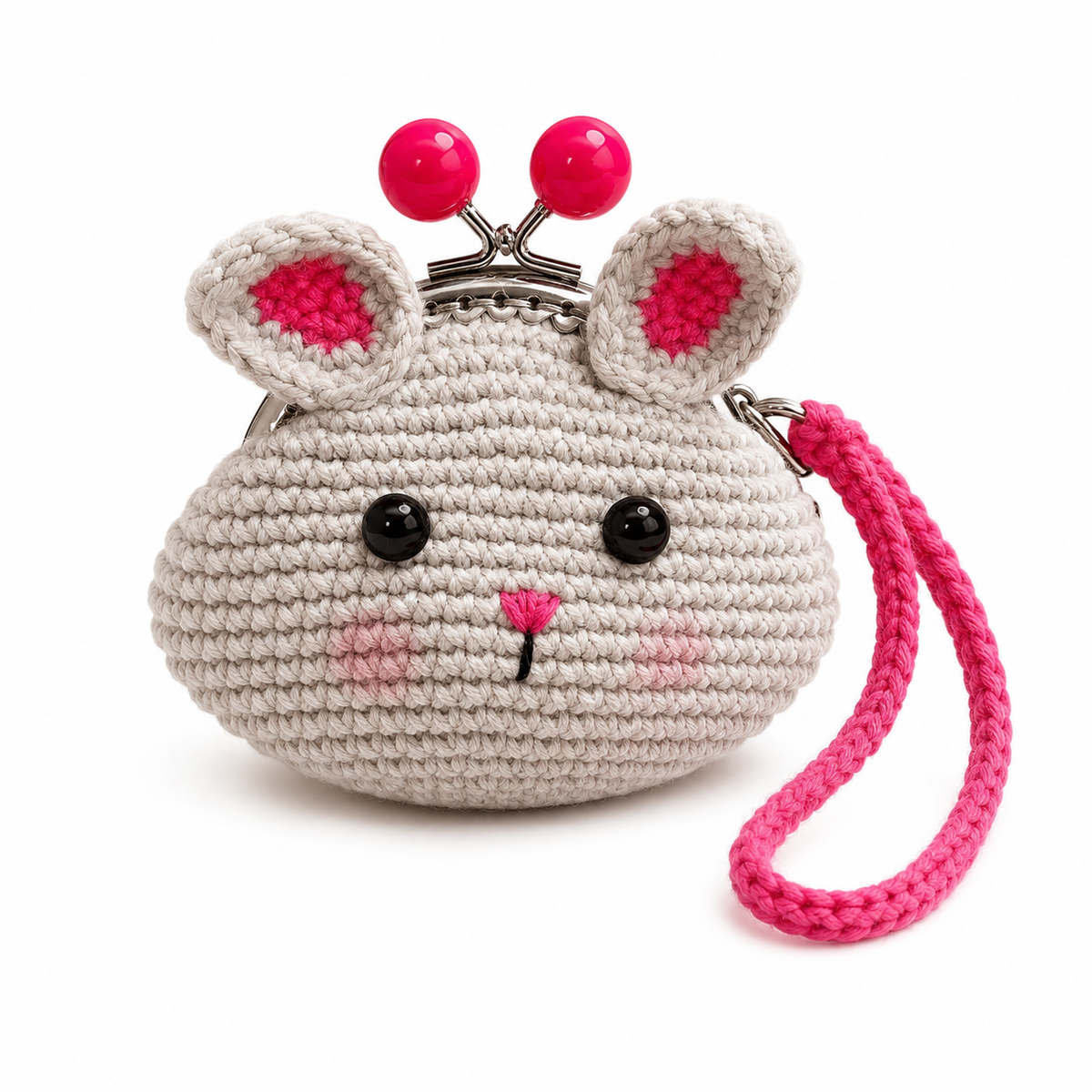 Handmade cream crochet bunny coin purse with pink kiss-lock clasp
