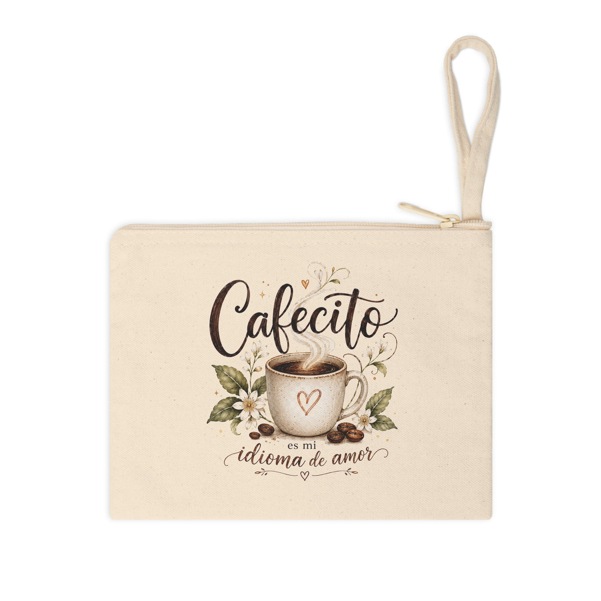 Cafecito es mi idioma de amor canvas pouch with wrist strap