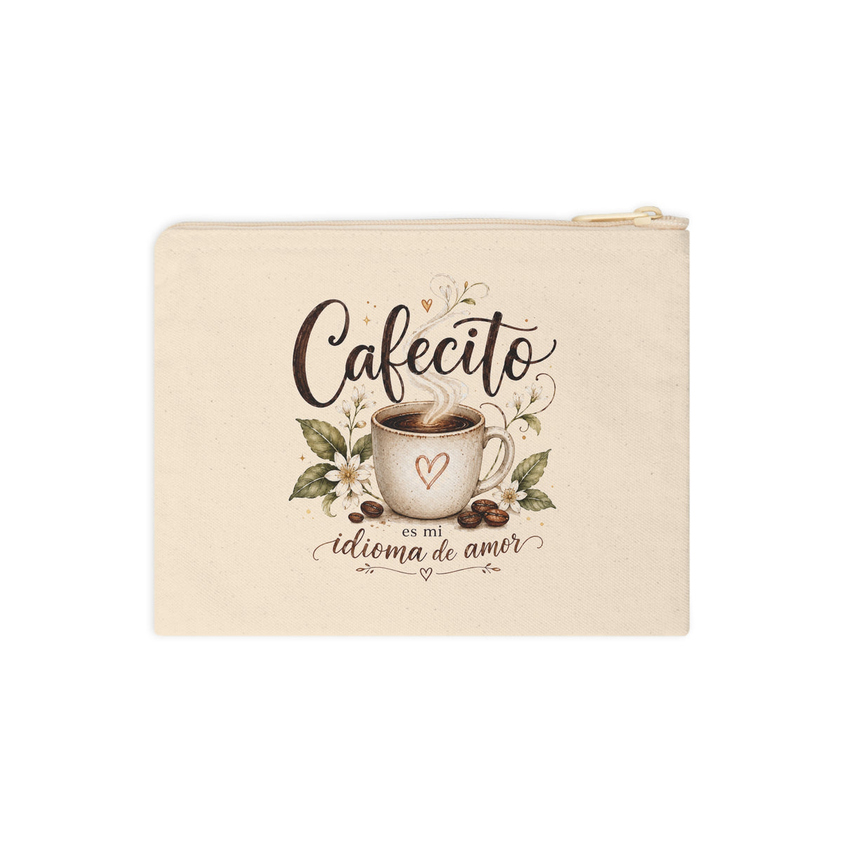 Front view of Cafecito es mi idioma de amor Spanish coffee canvas pouch