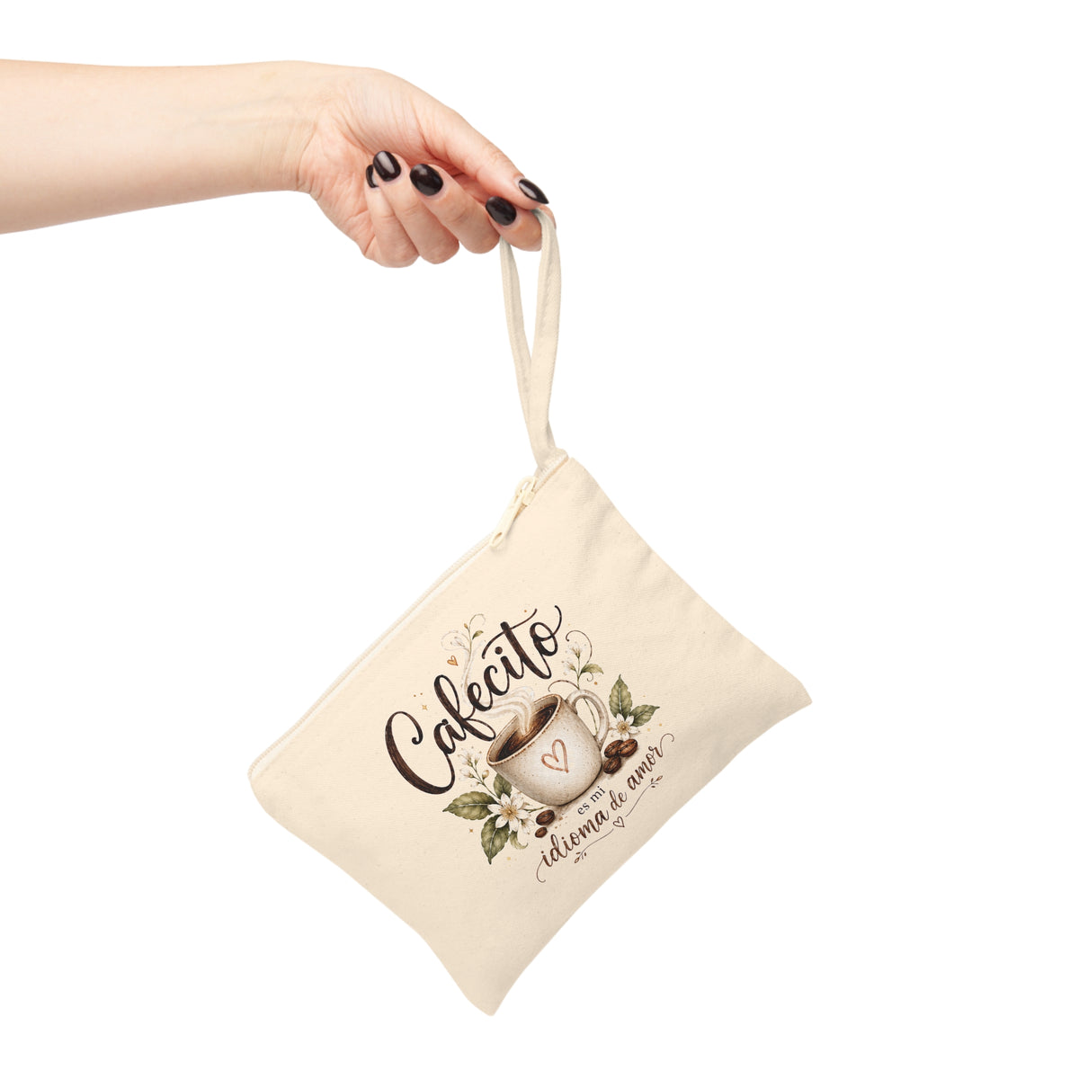 Cafecito es mi idioma de amor canvas wristlet pouch held by strap