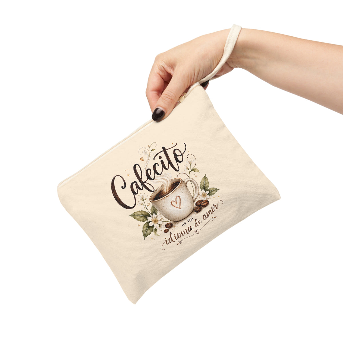 Cafecito Spanish coffee canvas pouch hanging from wrist strap