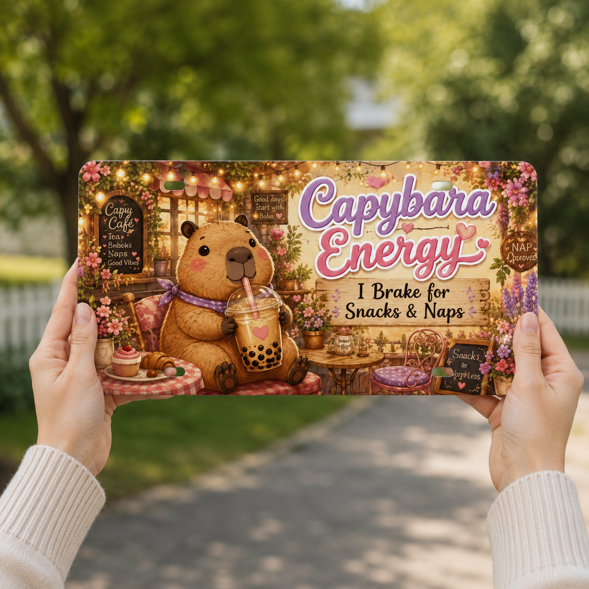 Capybara Energy 12 by 6 inch decorative license plate held in hands for size reference
