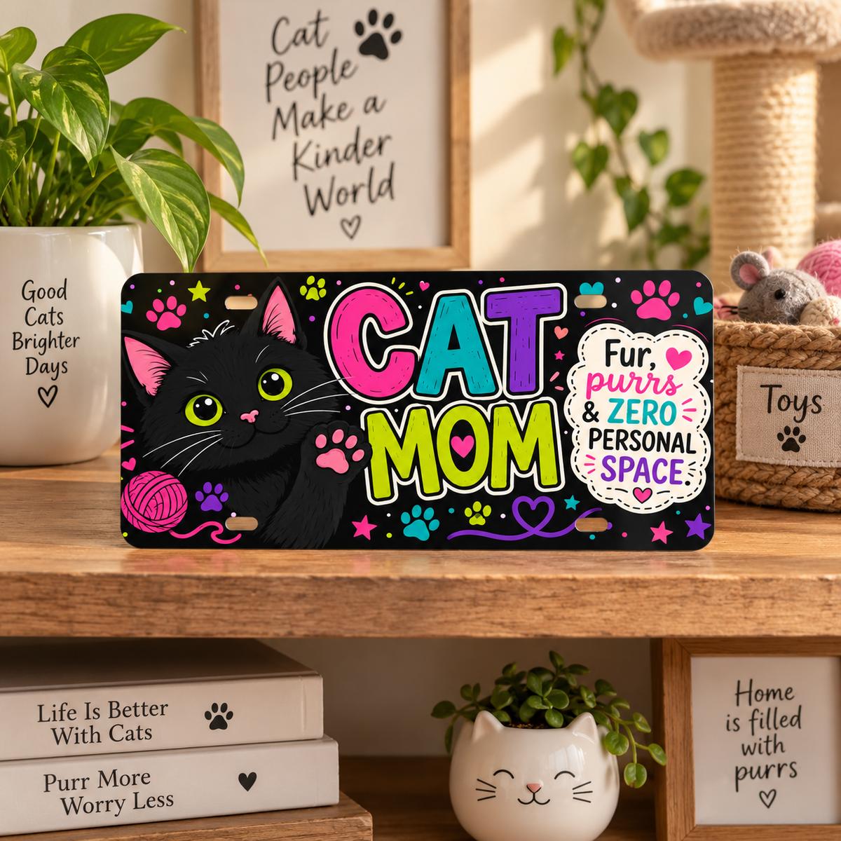 Cat Mom decorative license plate displayed in cozy cat lover home setting