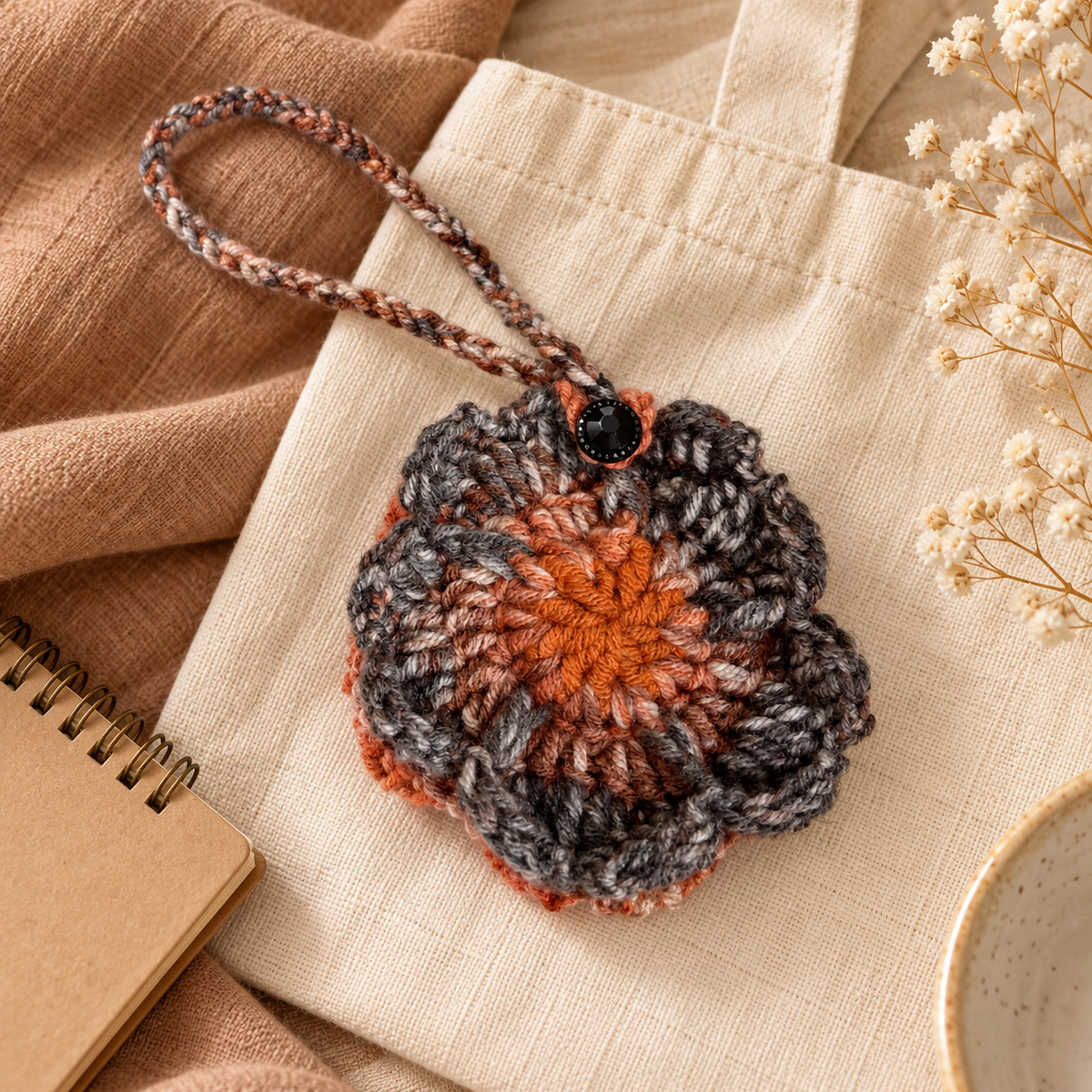 Charcoal and rust flower crochet pouch in a styled flat lay