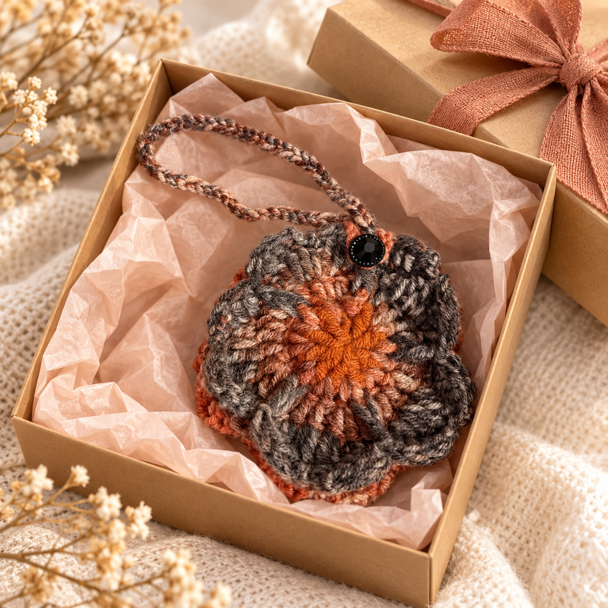 Charcoal and rust flower crochet pouch presented in a gift box