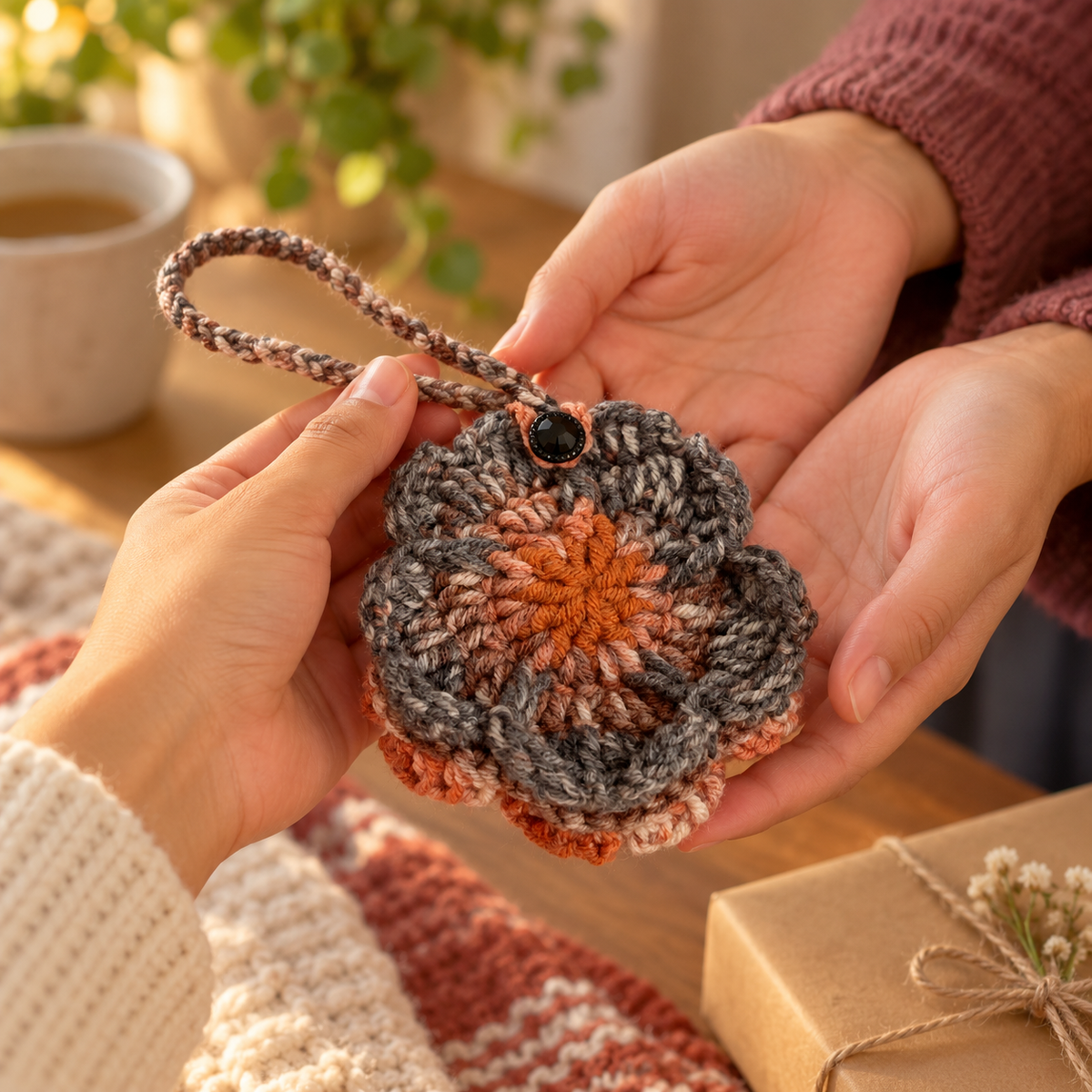 Charcoal and rust flower crochet pouch being handed as a gift
