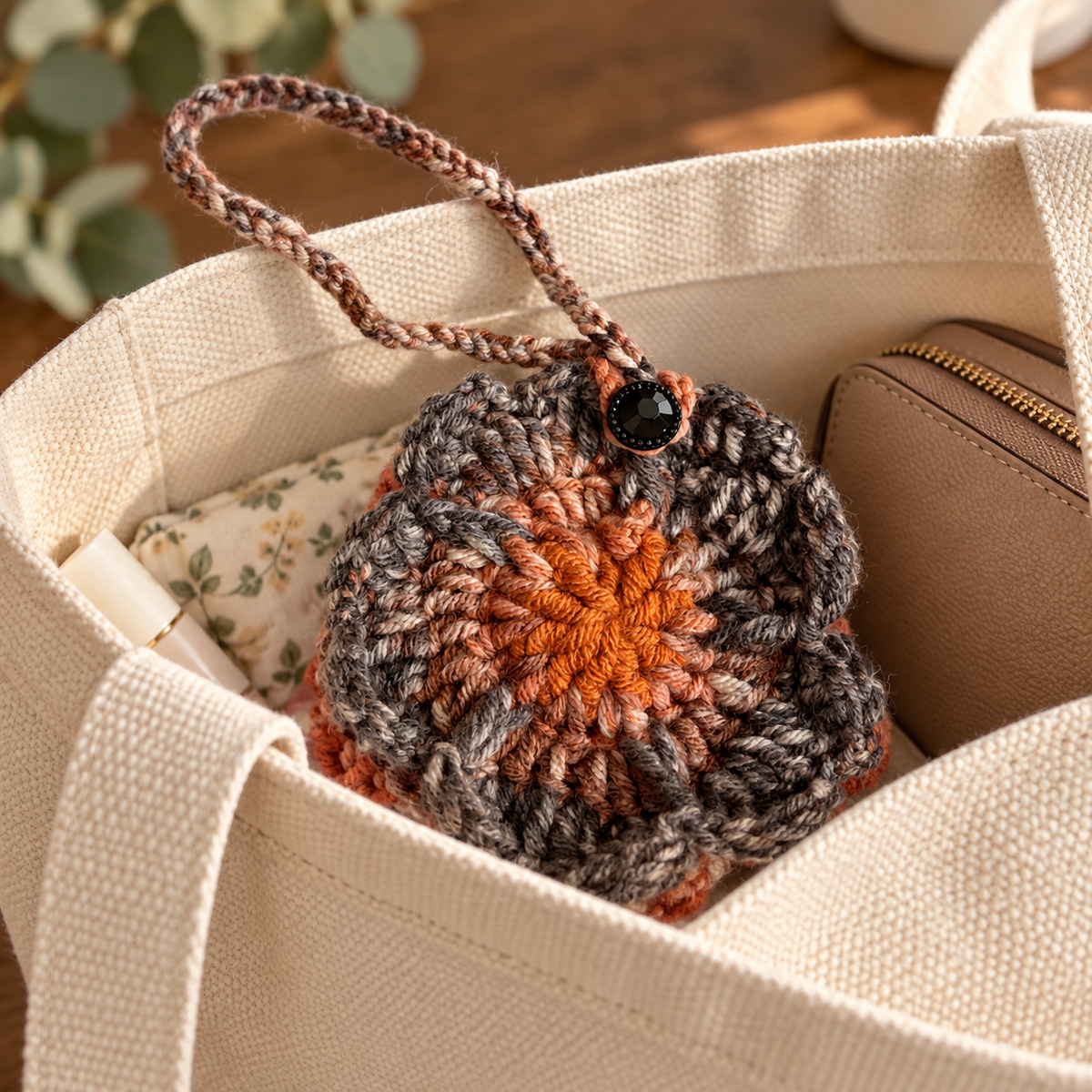 Charcoal and rust flower crochet pouch inside a neutral canvas tote bag
