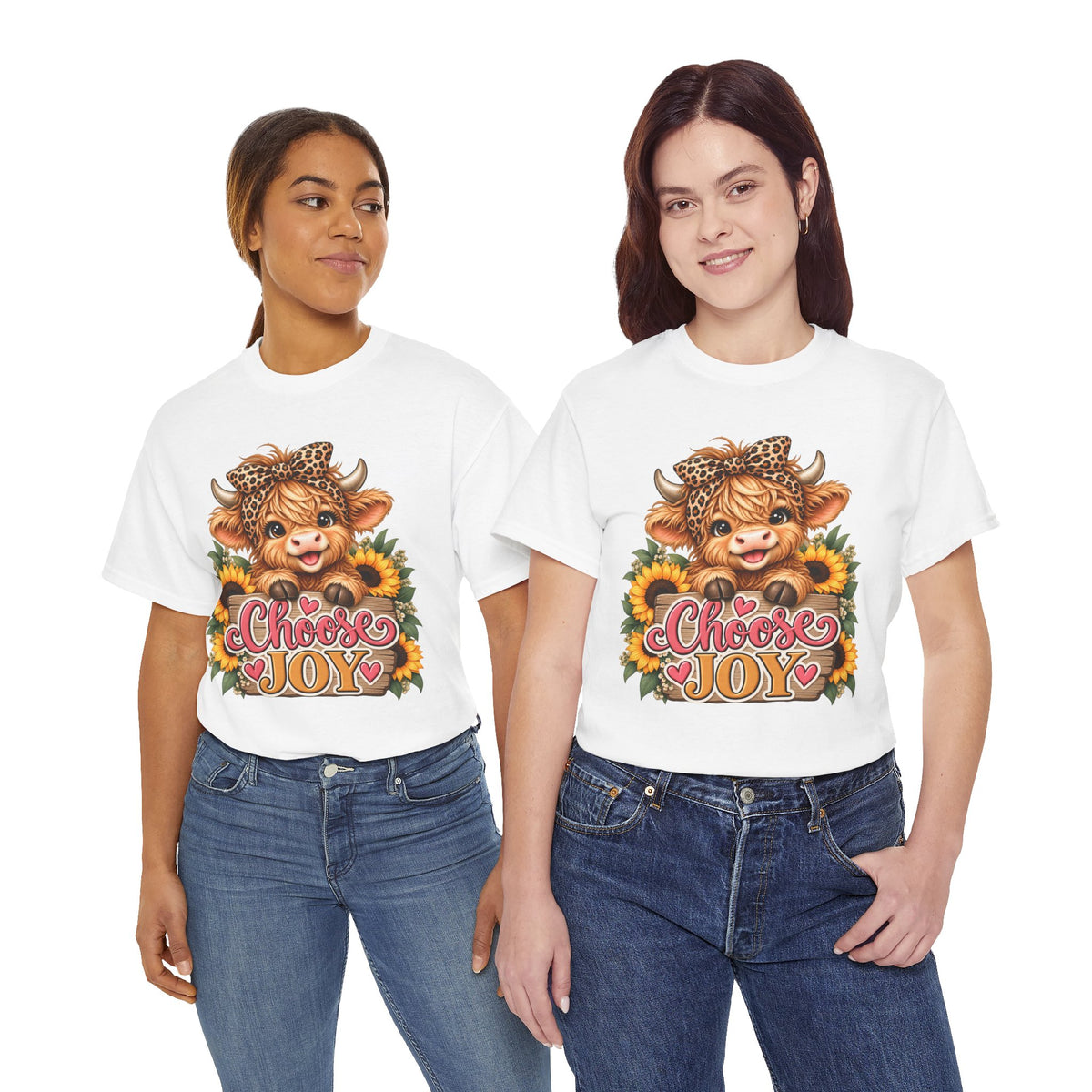 Choose Joy Highland cow sunflower T-shirt duo 2 white