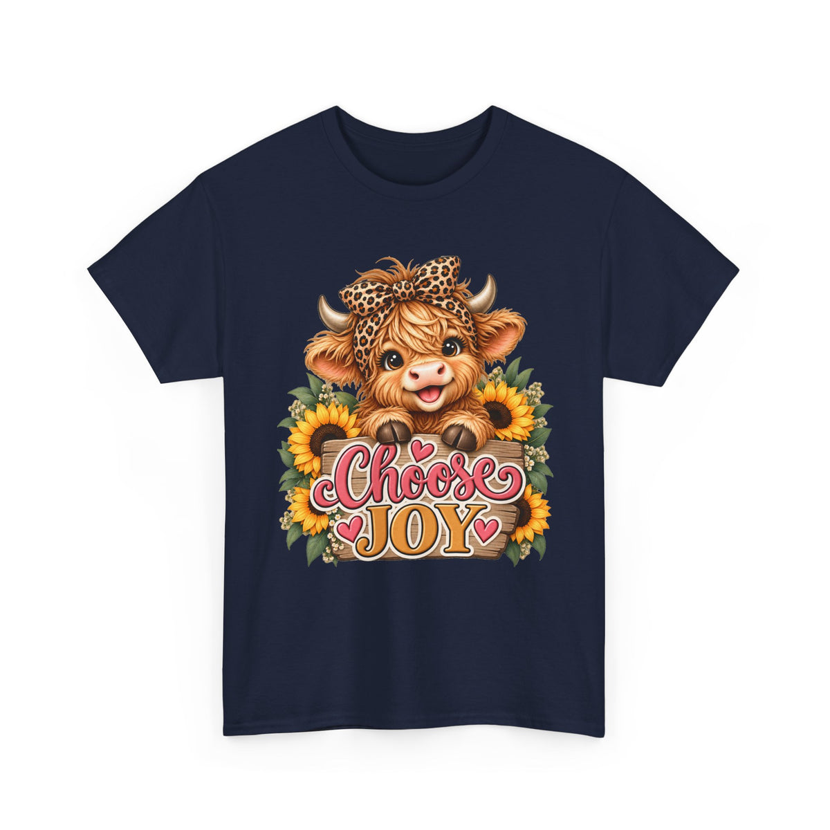 Choose Joy Highland cow sunflower T-shirt front 2 navy 2