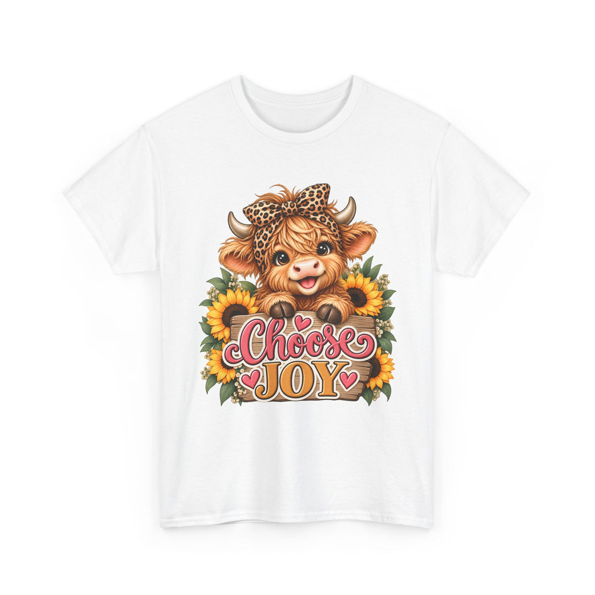 Choose Joy Highland cow sunflower T-shirt White shirt front