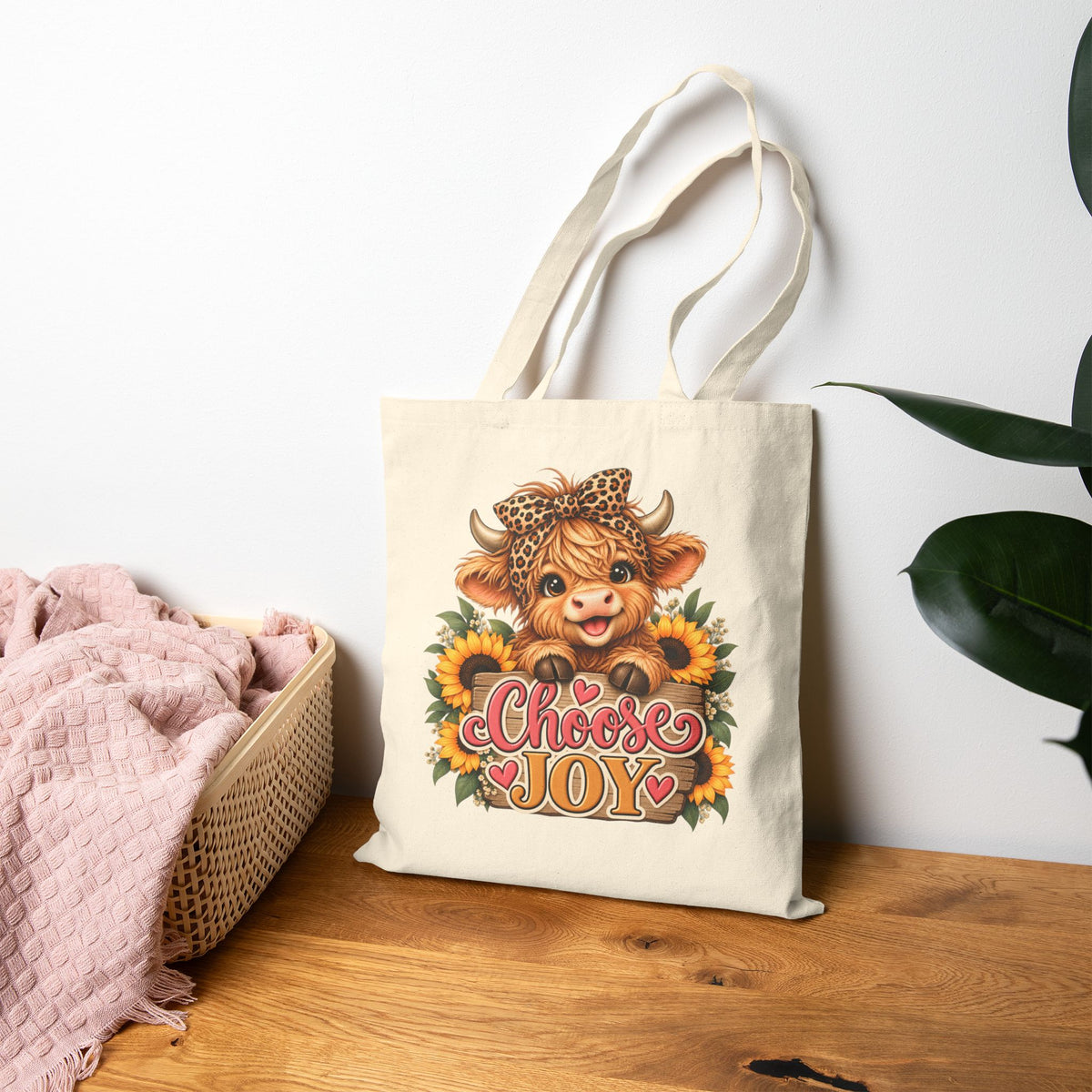 Choose Joy Highland cow sunflower tote bag view 2