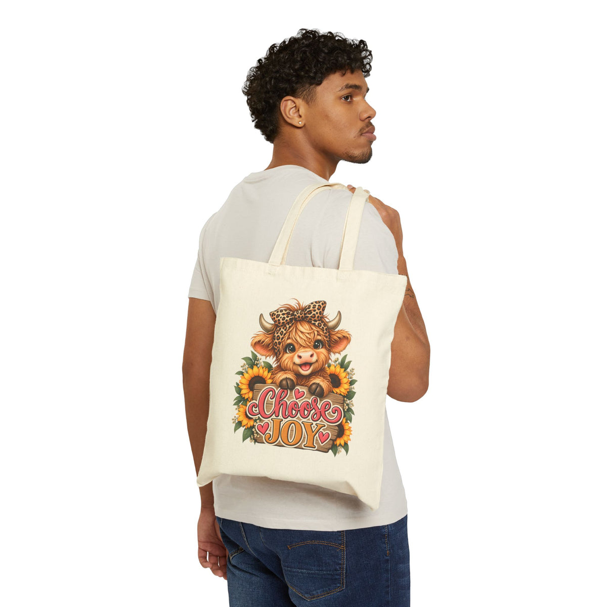 Choose Joy Highland cow sunflower tote bag view 6
