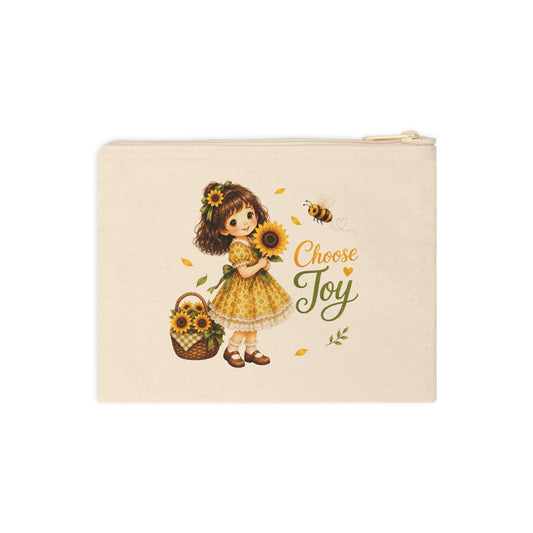 Choose Joy sunflower canvas wristlet pouch with girl, bee, and sunflower basket