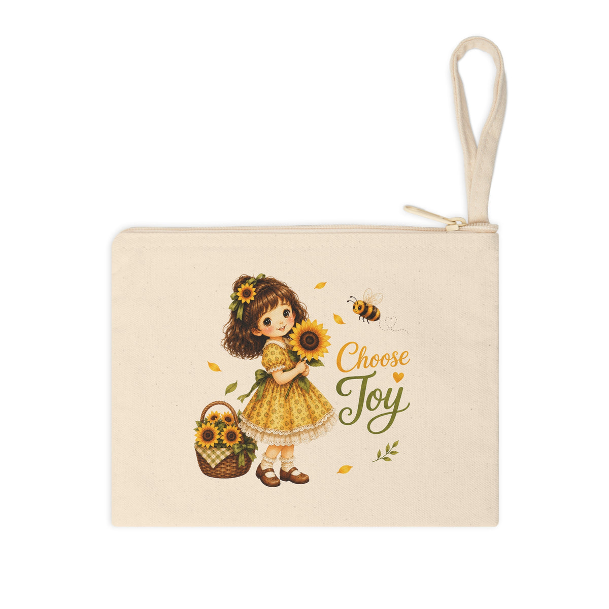 Front view of Choose Joy sunflower canvas pouch