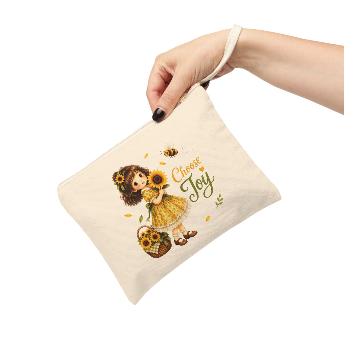 Choose Joy sunflower canvas wristlet pouch held by strap