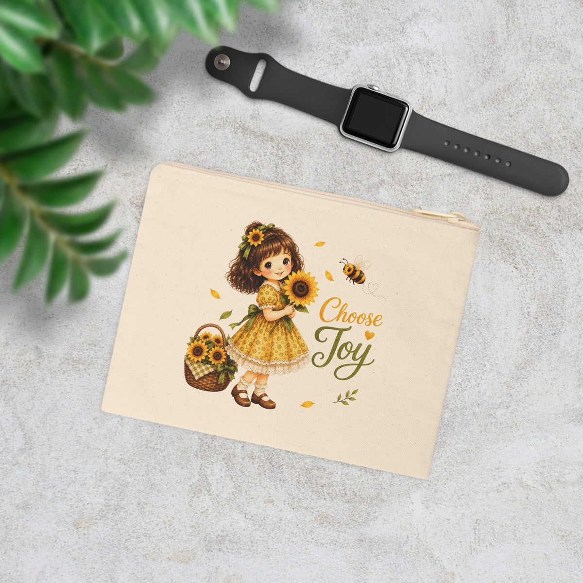 Choose Joy sunflower canvas pouch lifestyle mockup