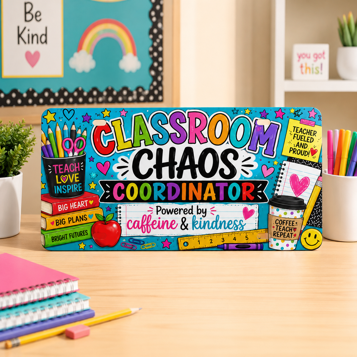 Classroom Chaos Coordinator teacher license plate displayed in a colorful classroom setting