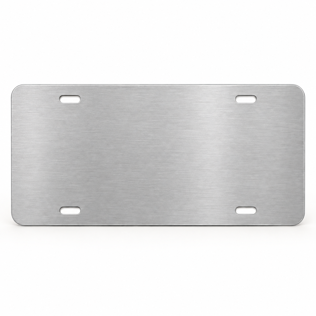Back side of decorative aluminum license plate with four mounting slots