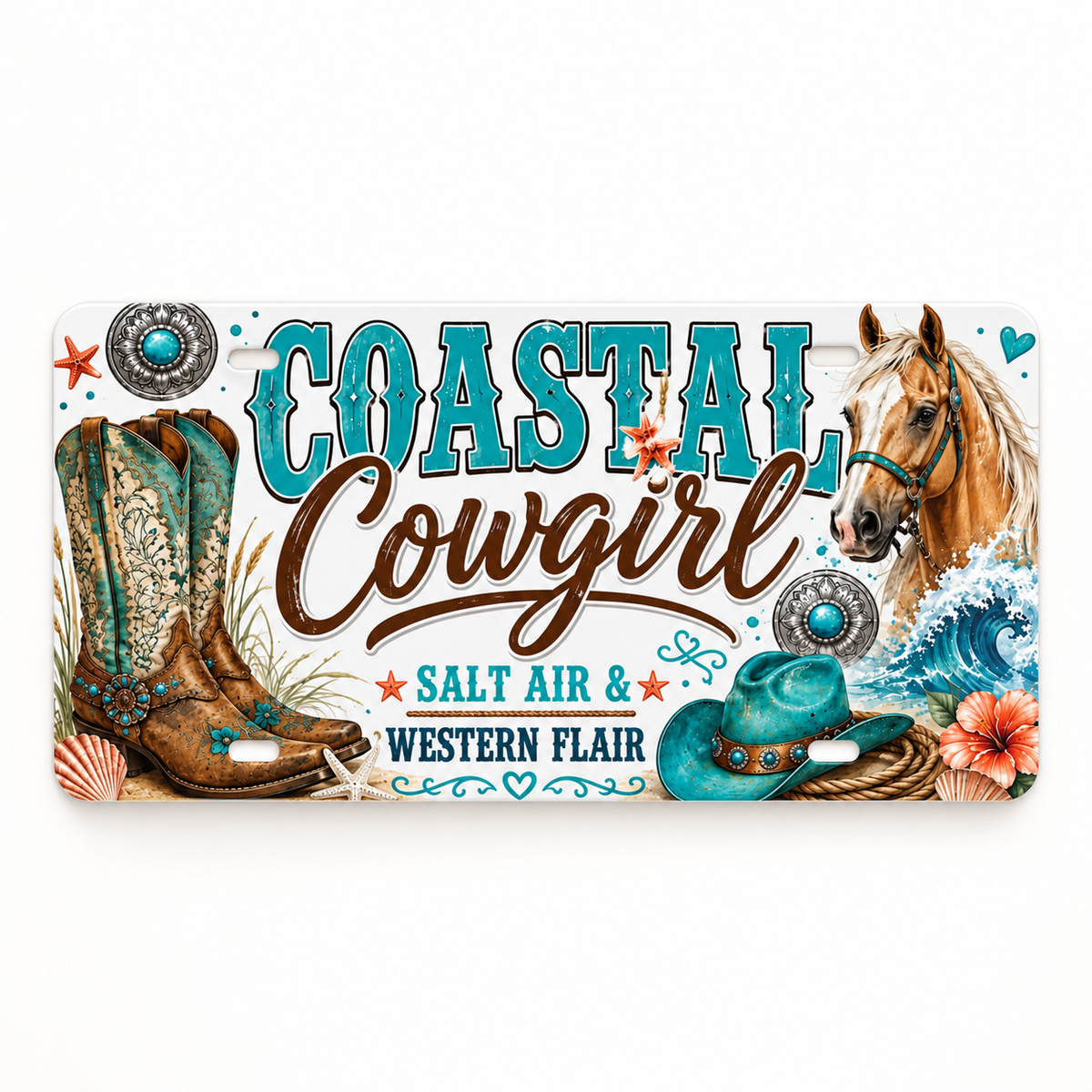 Coastal Cowgirl Salt Air and Western Flair decorative license plate front hero