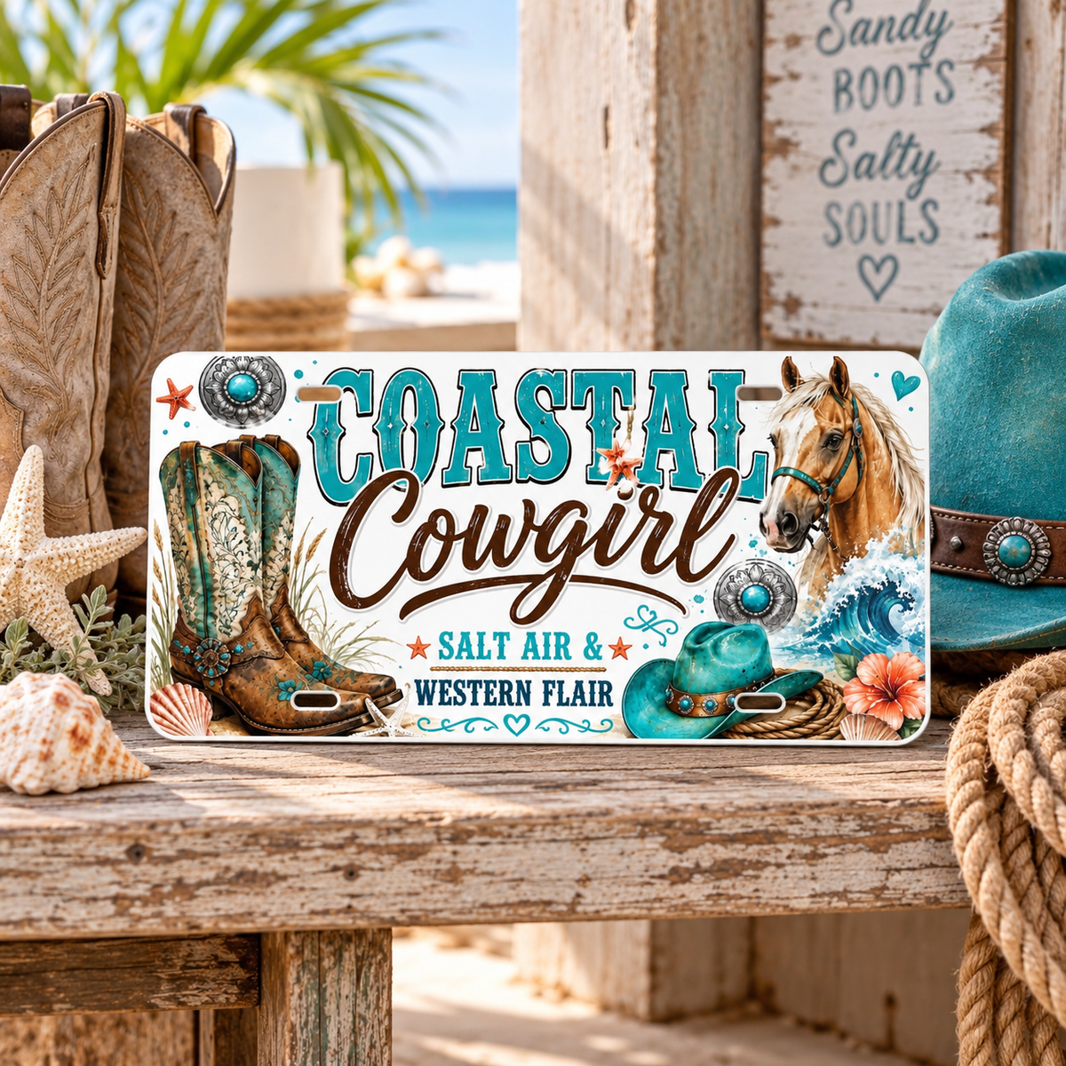 Coastal Cowgirl decorative license plate displayed in a rustic western coastal setting