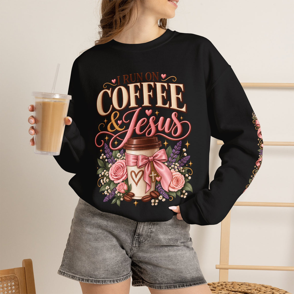 I Run on Coffee & Jesus sweatshirt in black, lifestyle view