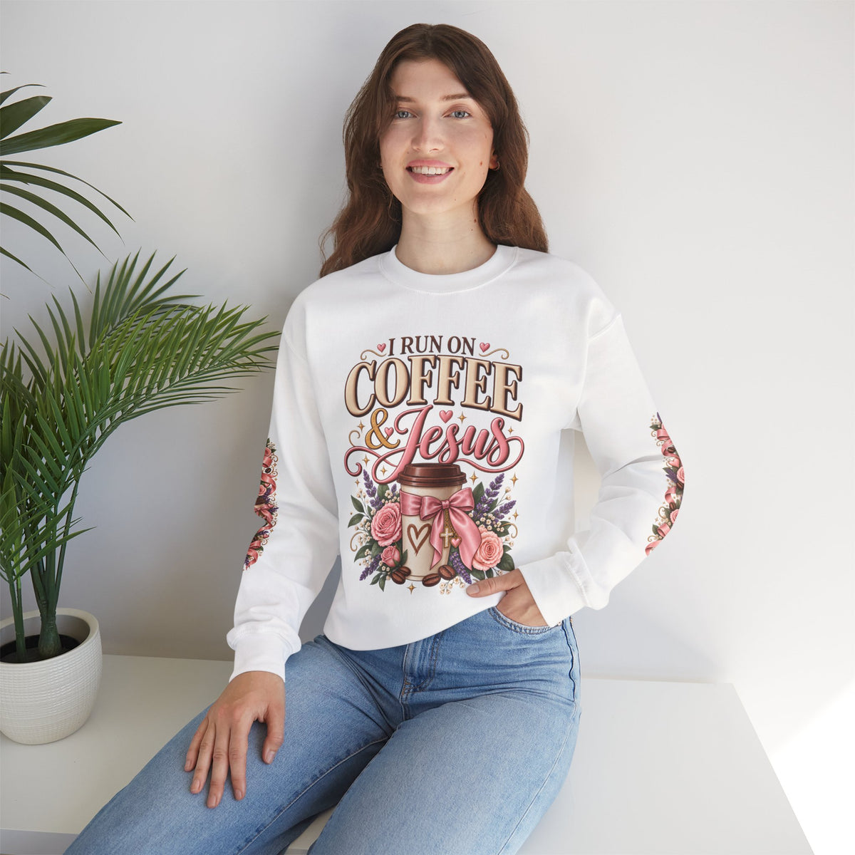I Run on Coffee & Jesus sweatshirt in white, lifestyle view