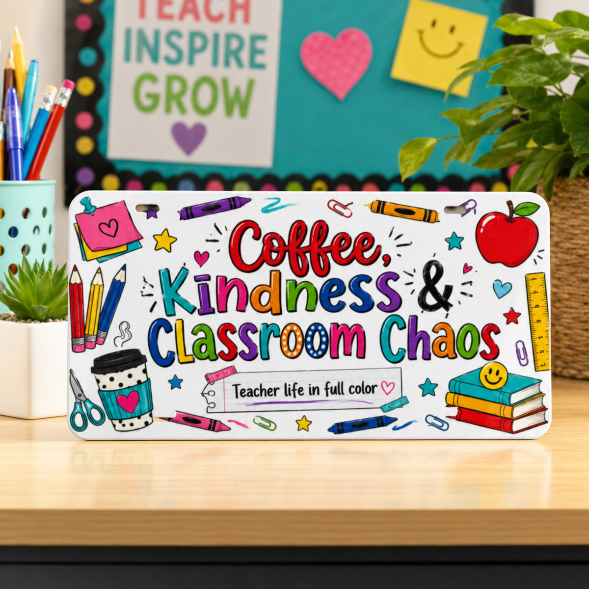 Coffee Kindness and Classroom Chaos teacher license plate displayed in a colorful classroom setting