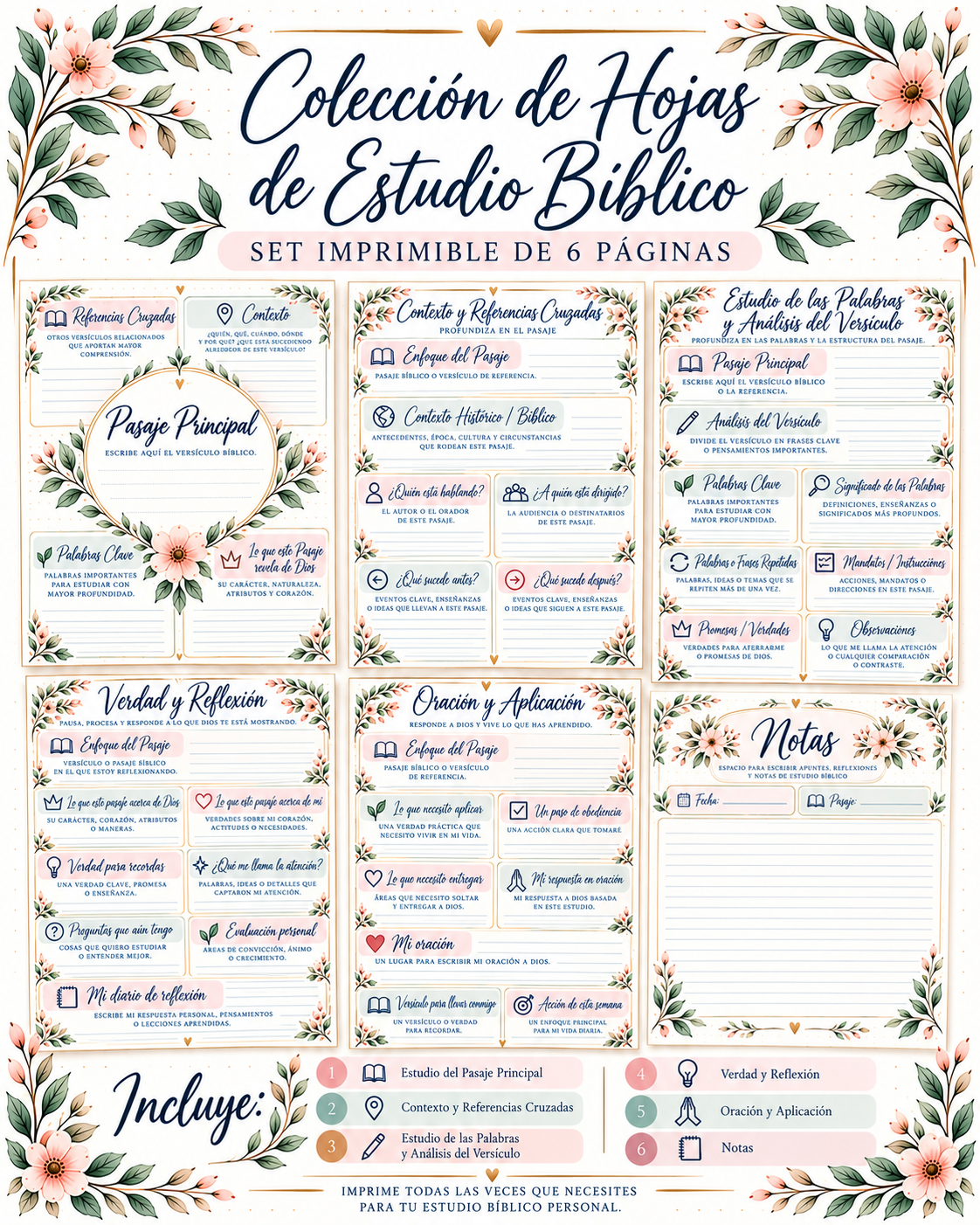 Colección de Hojas de Estudio Bíblico en español, set impreso de 6 páginas