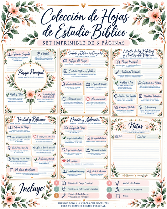 Colección de Hojas de Estudio Bíblico en español, set impreso de 6 páginas