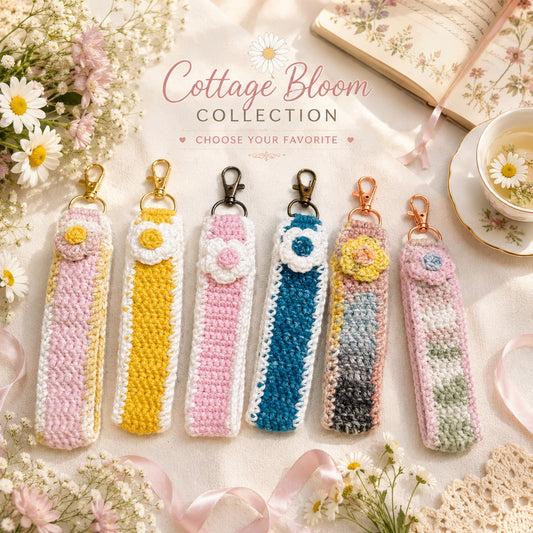 Cottage Bloom handmade crochet floral wristlet collection, six styles