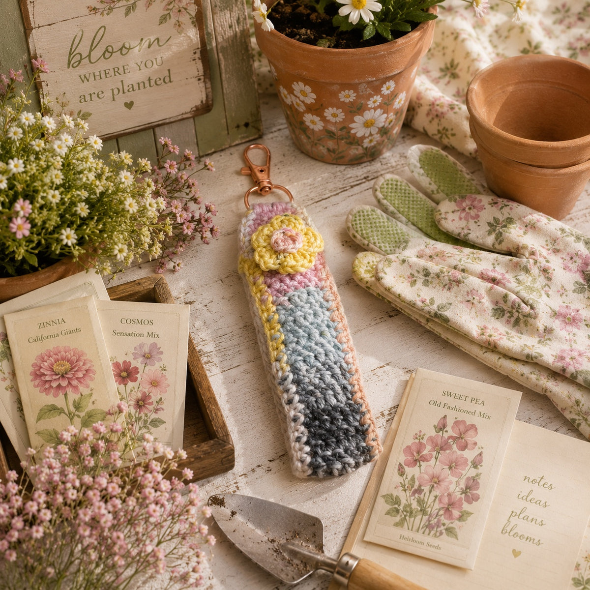 Pastel Garden crochet floral wristlet in cottage garden setting