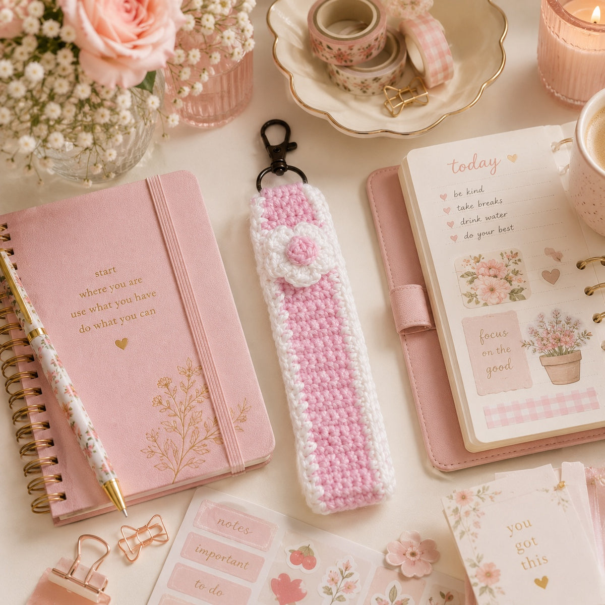 Pink Blossom crochet floral wristlet with planner and stationery