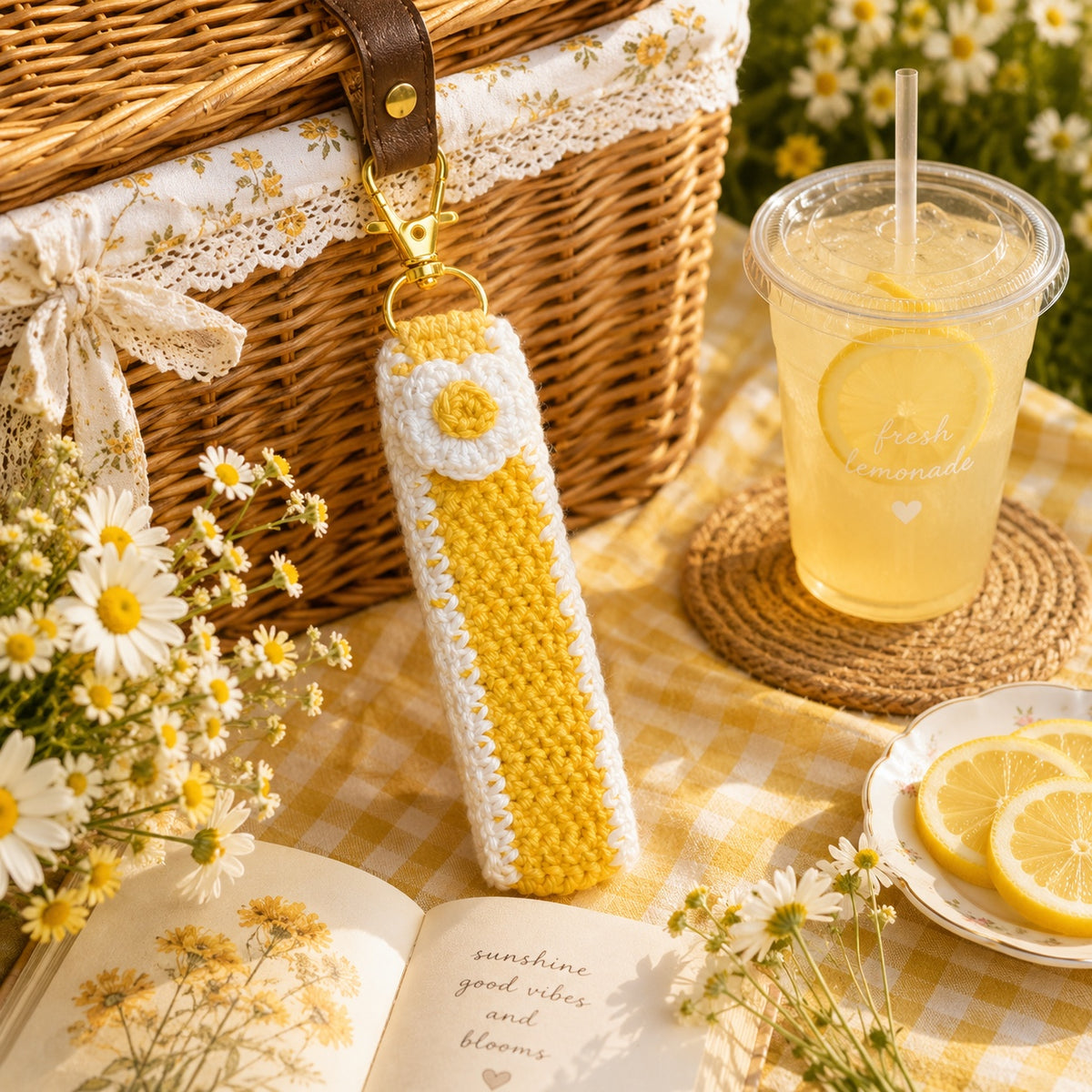 Sunshine Daisy crochet floral wristlet on picnic basket