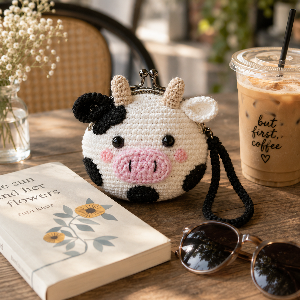 Handmade crochet cow coin purse on a café table