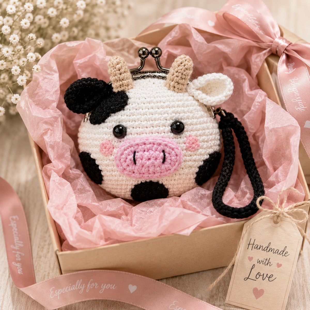 Handmade crochet cow coin purse presented as a gift