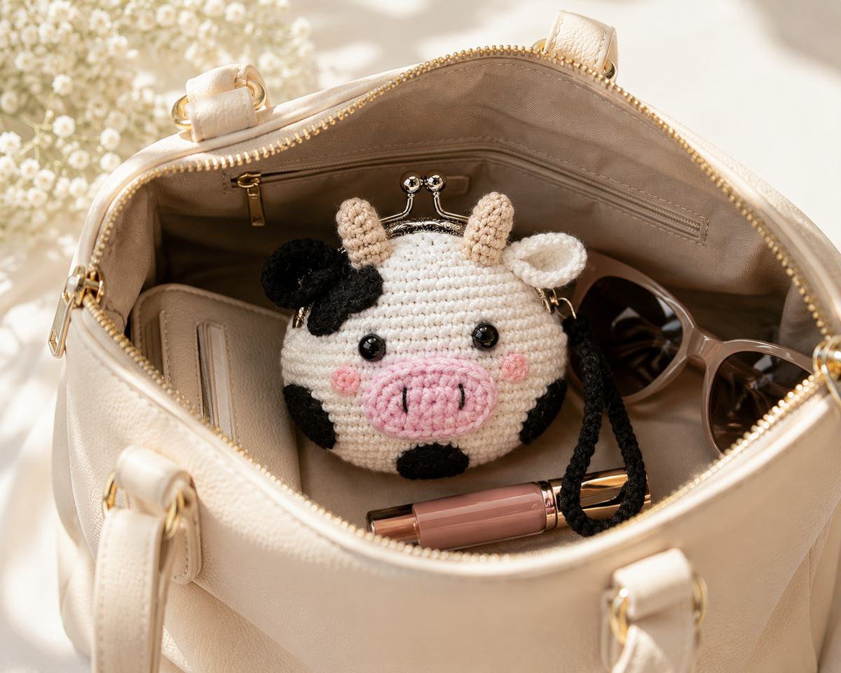 Handmade crochet cow coin purse inside a cream handbag