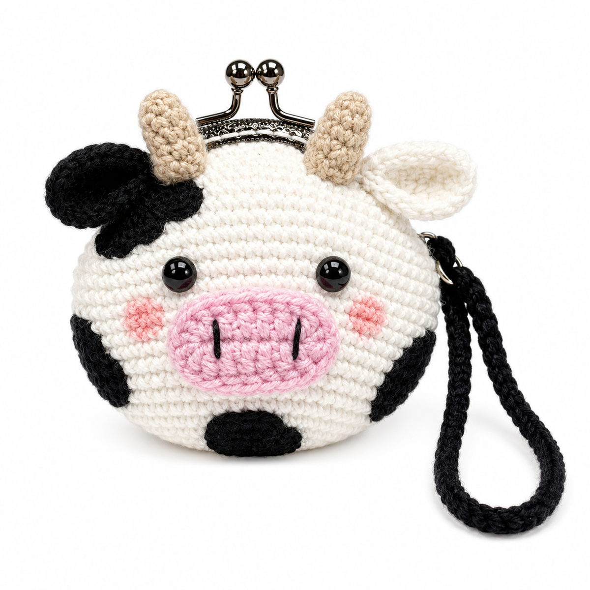 Handmade crochet cow coin purse with kiss-lock clasp and wrist strap