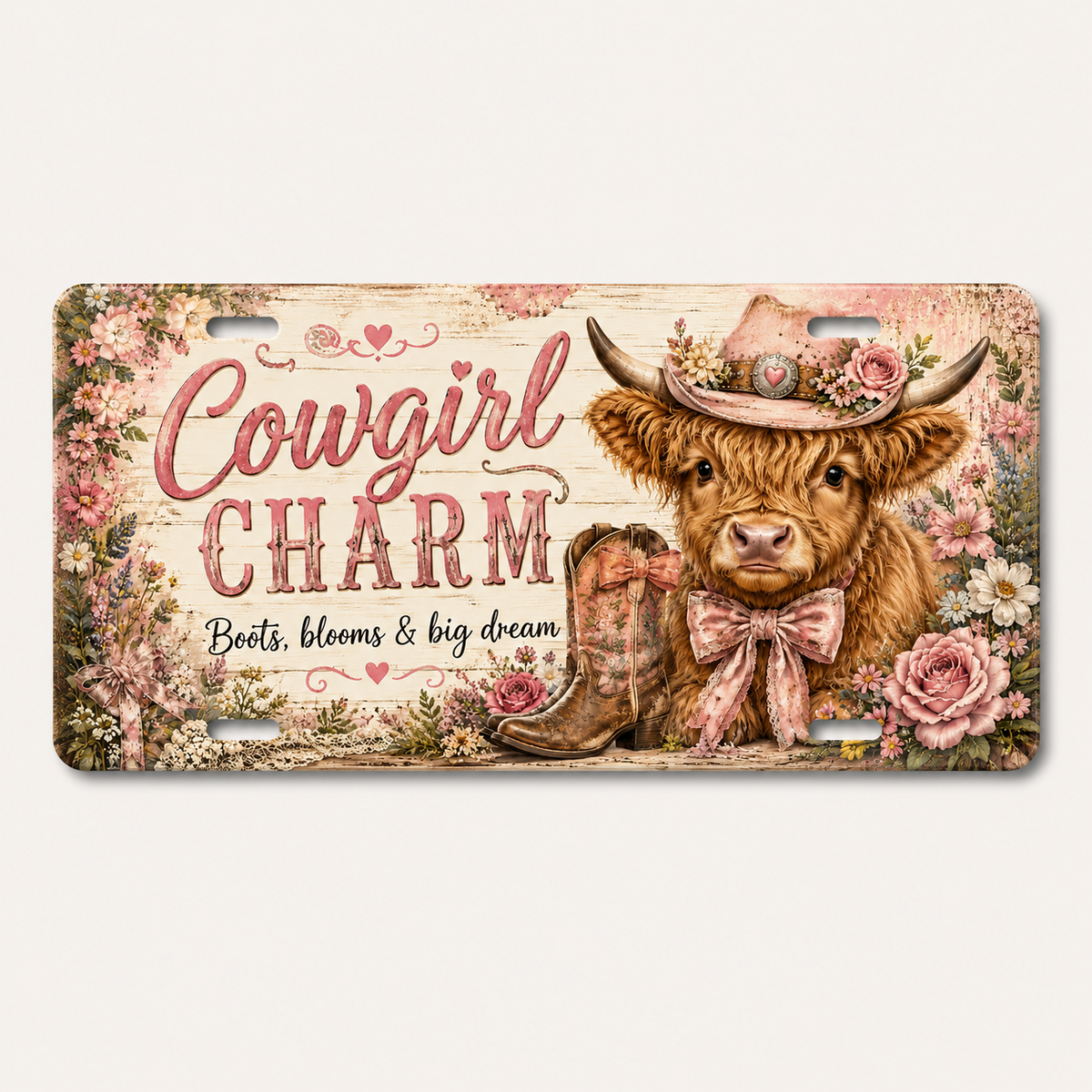 Cowgirl Charm decorative Highland cow license plate, Boots blooms and big dream