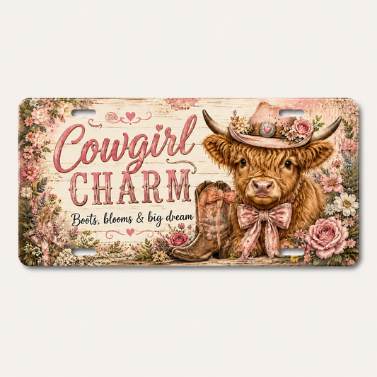 Cowgirl Charm decorative Highland cow license plate, Boots blooms and big dream