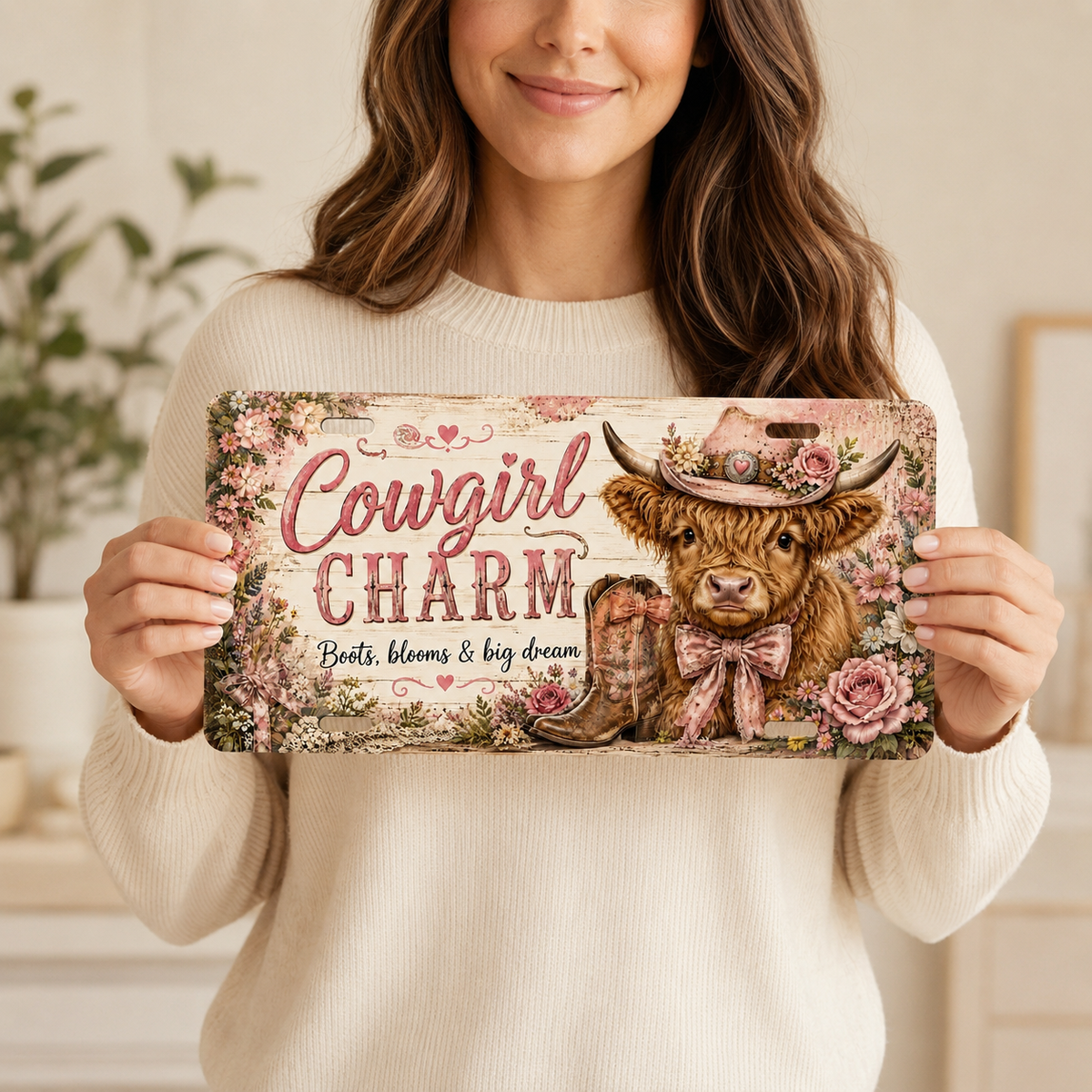 Cowgirl Charm decorative Highland cow license plate held for size reference