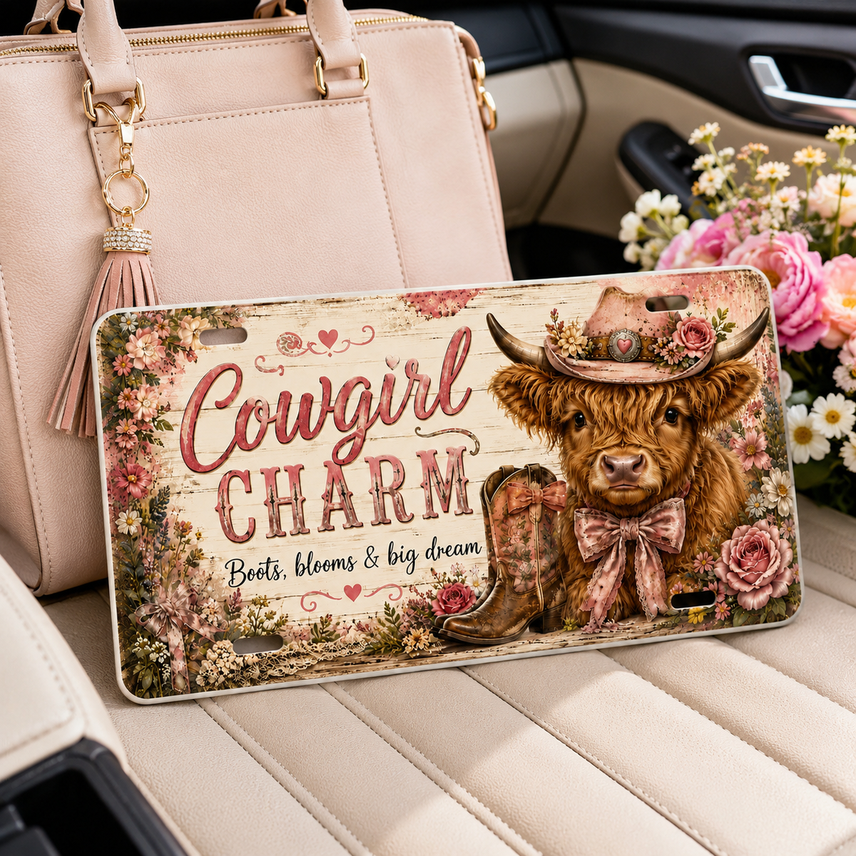 Cowgirl Charm decorative Highland cow license plate lifestyle mockup