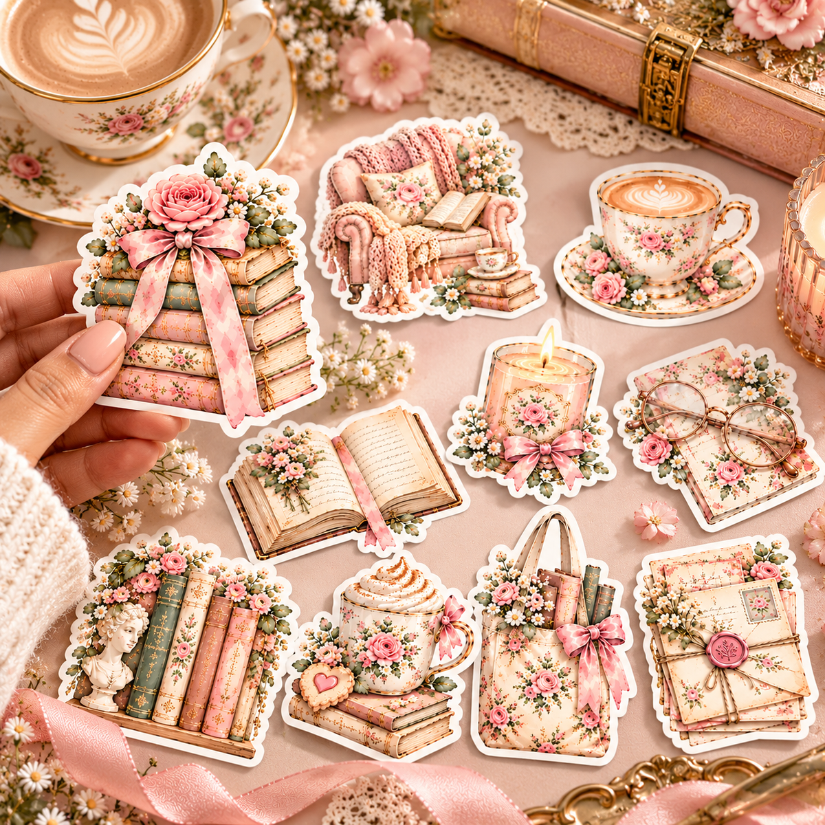 Hand holding one Cozy Bookish Days book-stack sticker, other individually cut watercolor stickers on desk