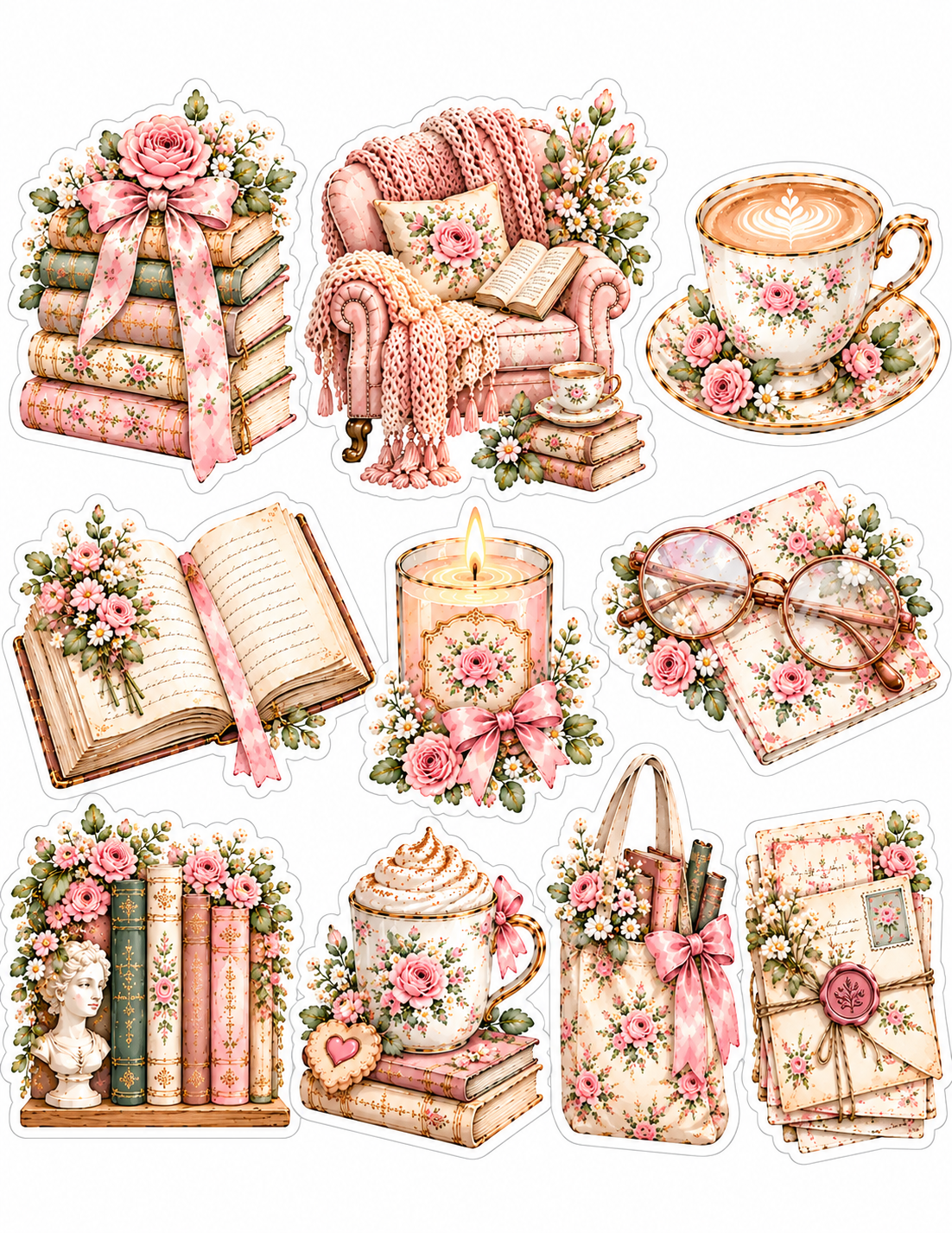 Ten original Cozy Bookish Days die-cut watercolor stickers separately arranged on white, with individual borders