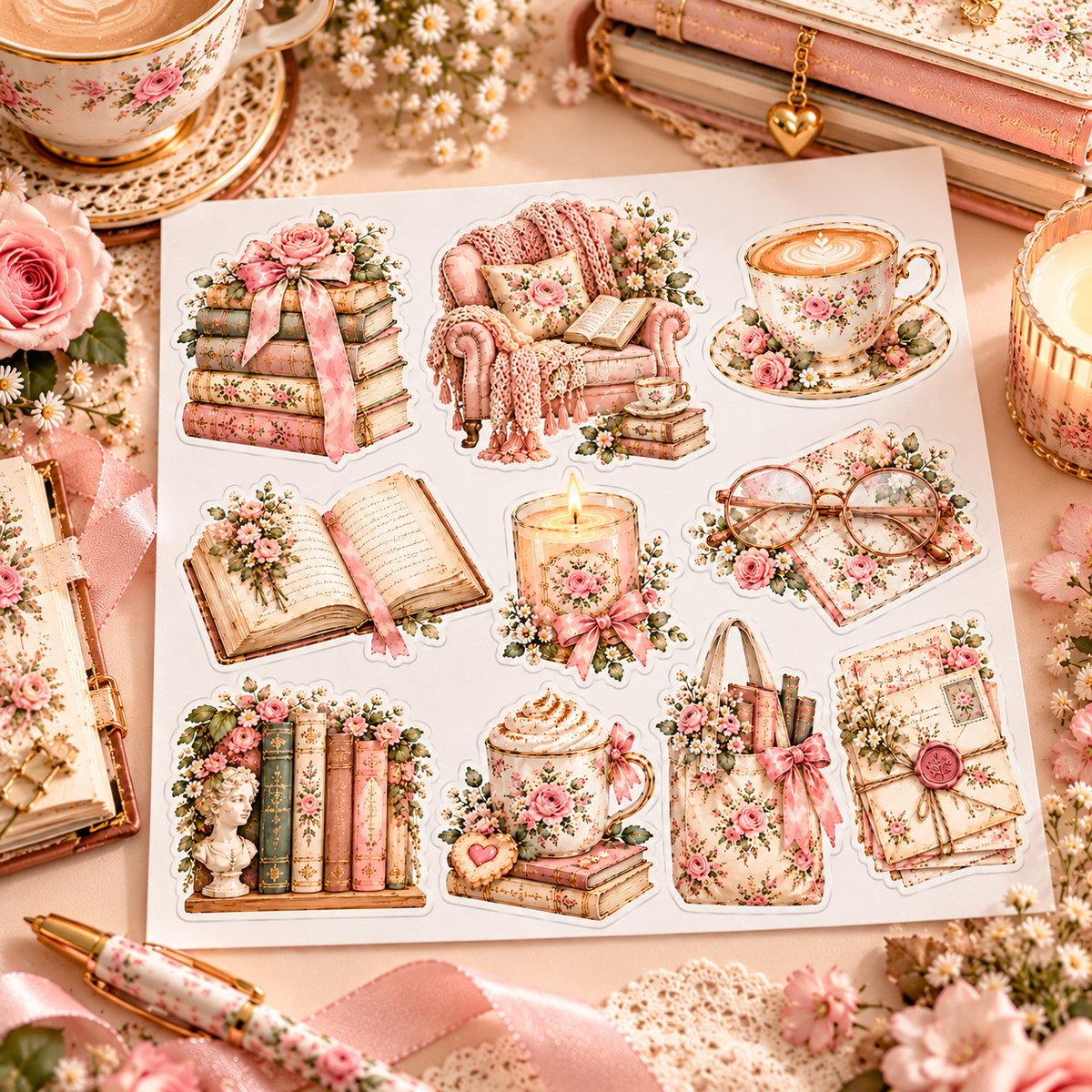 Cozy Bookish Days sticker sheet beside journals, lace, floral teacup and rose stationery