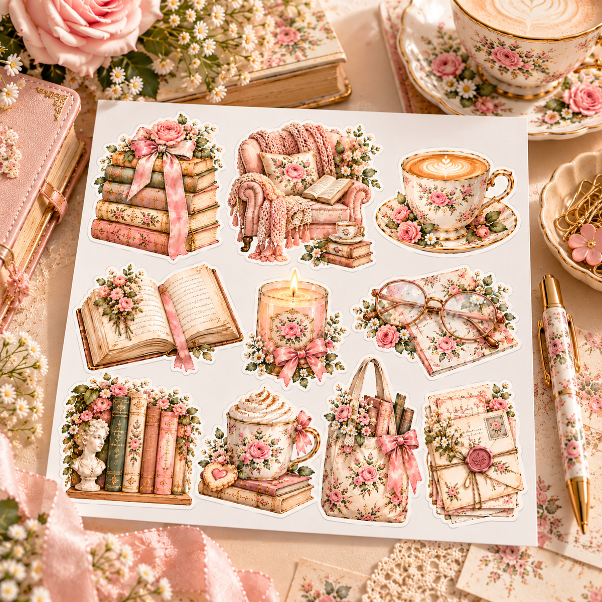 Cozy Bookish Days sticker set in a pastel vintage papercrafting desktop scene