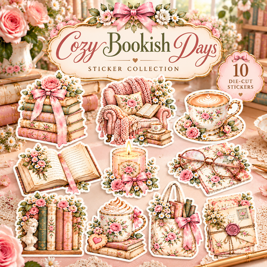 Cozy Bookish Days 10 watercolor die-cut sticker collection cover with title, floral books, reading chair and tea